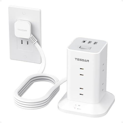 TESSAN Tower-Style Power Strip with Slim Plug Extension Cord, 3m, 8 AC Outlets, 1 USB-C Port, and 2 USB-A Ports, Compatible with Octopus-Type Outlets,