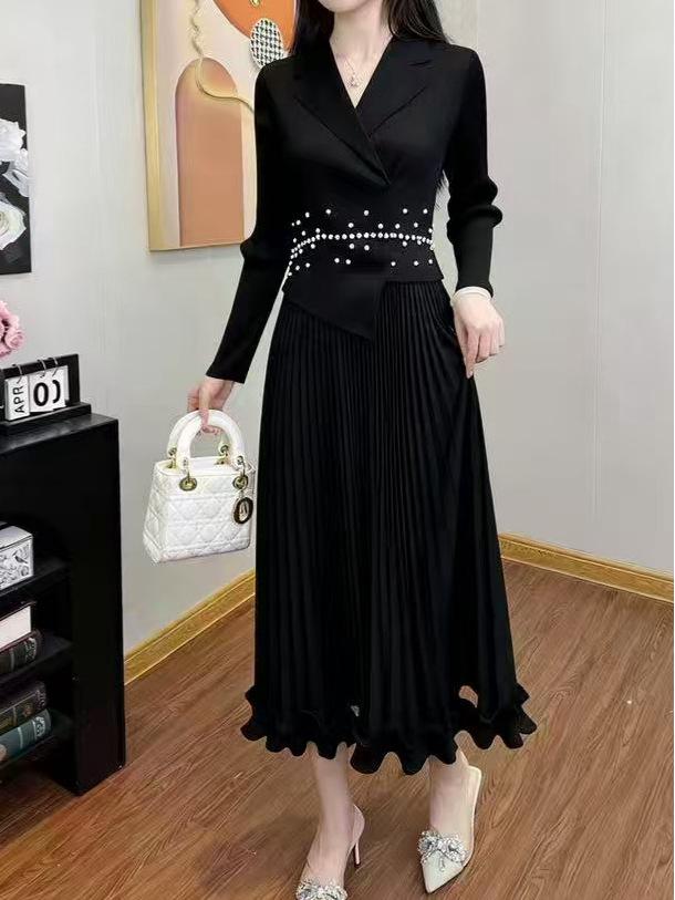 European & American Pleated Lux Plus Size Beaded Long Dress with Suit Collar