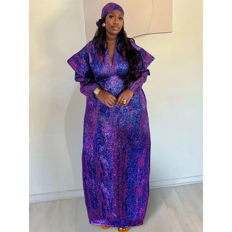 

Figured Cloth Glossy Loose Version Robe Cross-Border Foreign Trade Africa Women clothes Plus size dresses Headscarf Dresses Purple One size