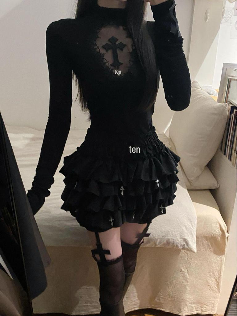 Dark American Style Spicy Girl Cross Cutout High Neck Women's Slim Fit Top - Spring/Autumn T-shirt