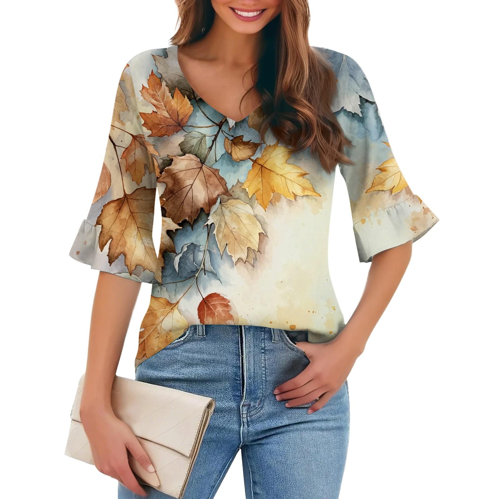 

Жіночий повсякденний модний пуловер з V-подібним вирізом Вільна футболка з квітковими рукавами з п’ятиточковим вирізом XL