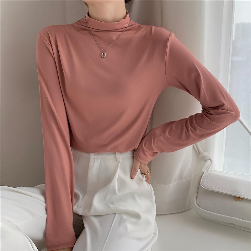 

Осенний однотонный облегающий базовый топ для девочек, теплый с длинными рукавами и полувысоким воротником ONE SIZE розовый