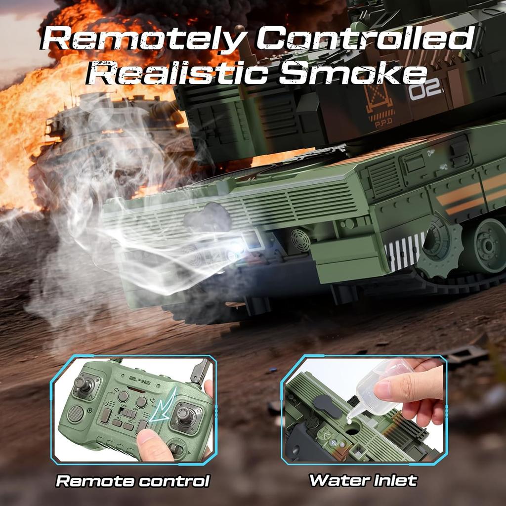 13 Channel 2.4G RC Tracked Simulation Army Tank Water Bomb Spray with 330° Rotating Turret One-Key Auto Demo Sound & Light & Smoke Military Vehicle