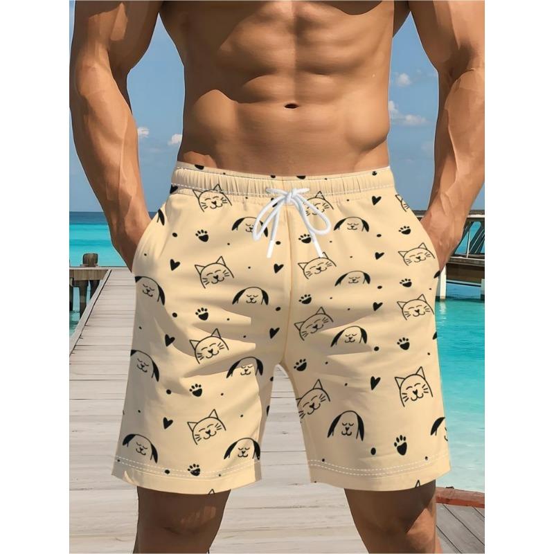 Men's Summer Casual Cute Cat and Dog Printed Beach Pants Loose Hawaiian Resort Style Sports Shorts