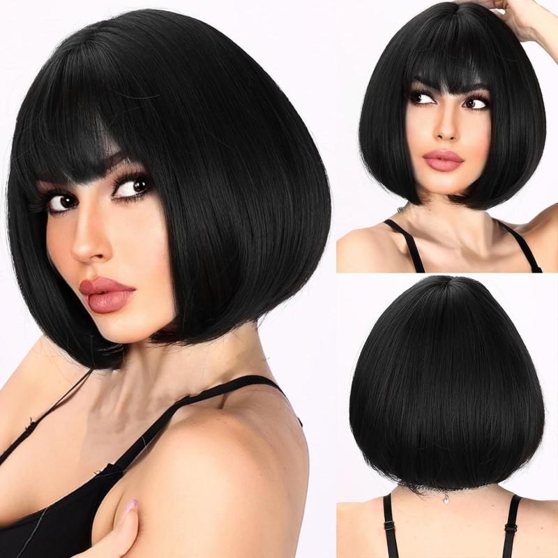 Womens Black Straight Short Bob Wig With Full Bangs Heat-Resistant Synthetic Hair Natural Look