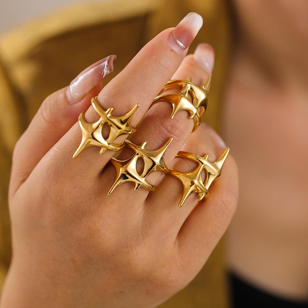 

18K Gold-Plated Geometric Star Cross Open Ring - Titanium Steel Jewelry Size 7