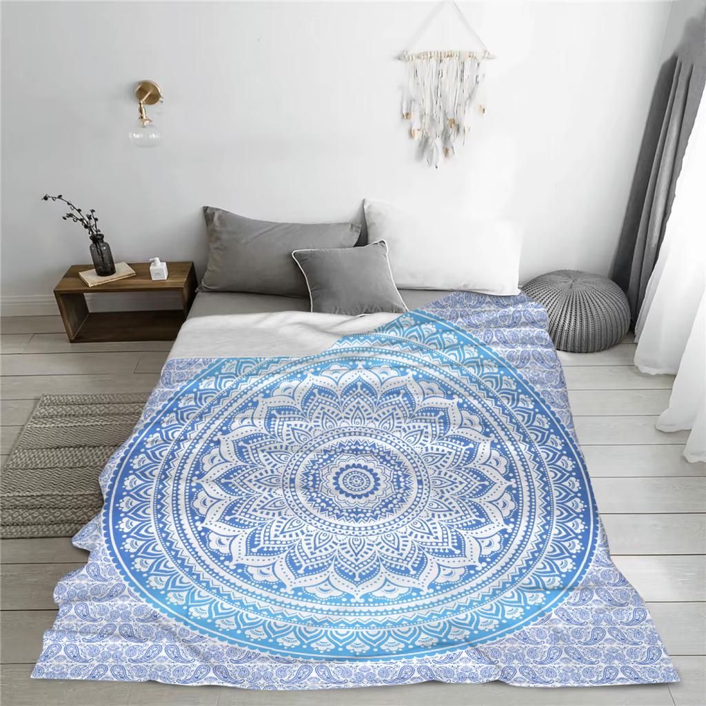 Blue Blanket Bohemian Style Ring 3D Print Comfortable Flannel Blanket for Home Living Room Bedroom Decor Birthday Gift for Adult