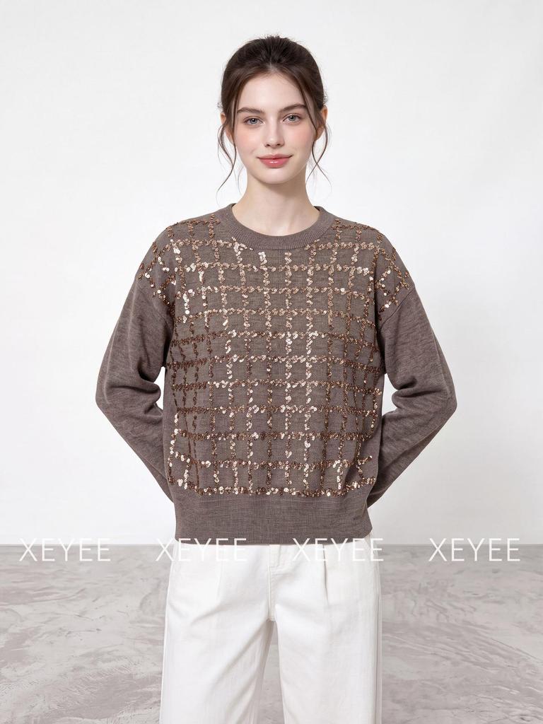 2026 Autumn Wool Sweater: Sequin Knit, Long Sleeve, Round Neck, Loose Fit, Slimming Grid Pattern