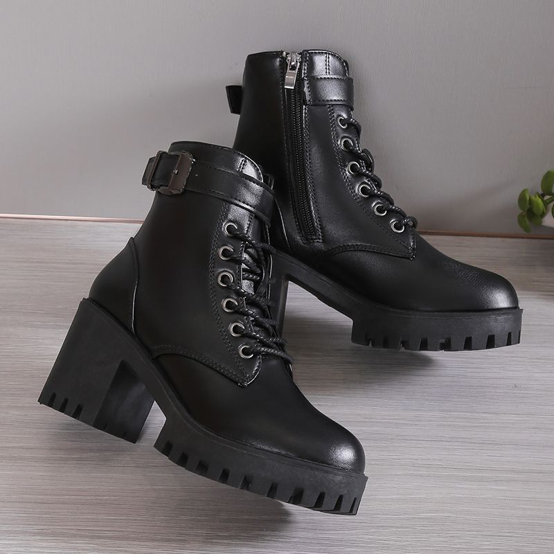 Hochhackige Martin-Stiefel für Damen 2025 Herbst und Winter neu dicksohlige Britischer Stil Blockabsatz Schnürstiefel mit seitlichem Reißverschluss kurze Stiefel für Kinder