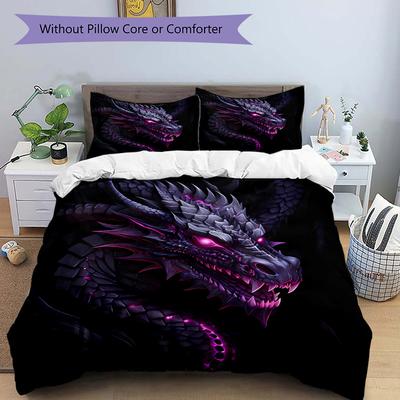 3pcs Fiery Purple Dragon Printed Quilt Set - Includes 1 Quilt Cover and 2 Pillowcases, Machine Washable - Suitable for All Seasons.H035