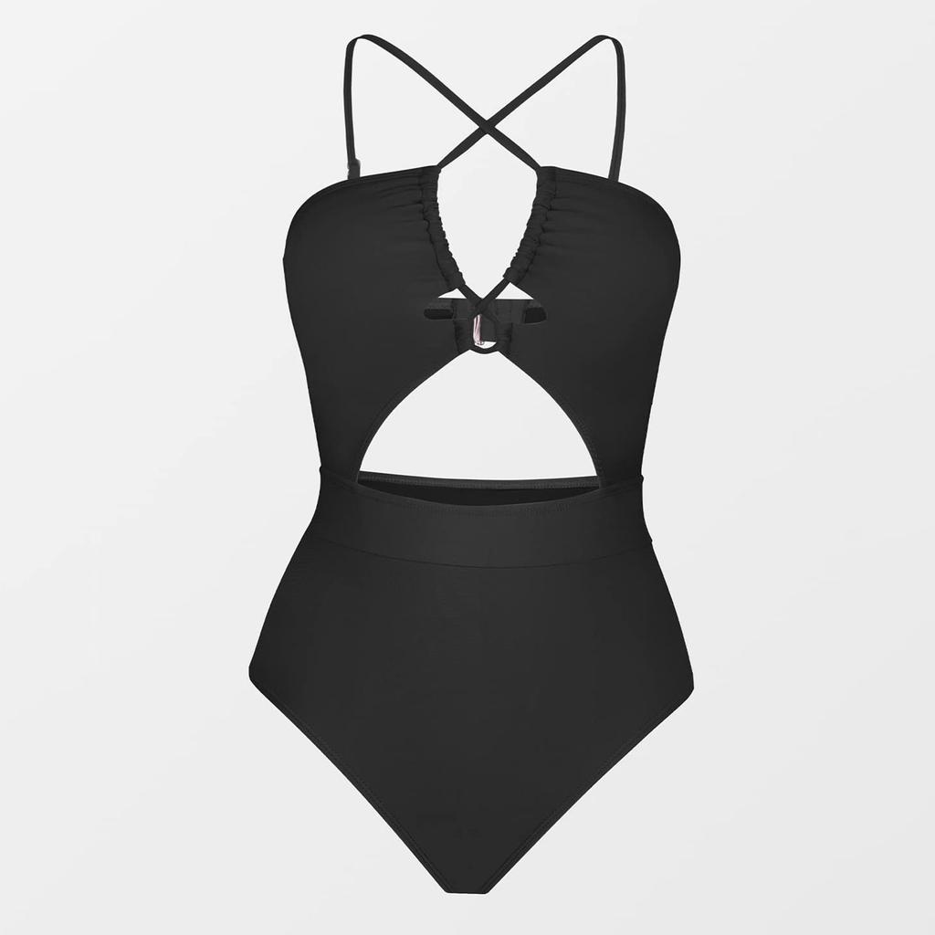 Women's One-Piece Fashion Sexy Solid Color Cross Bikini Beach Swimsuit (With Chest Pad Without Steel Bra)
