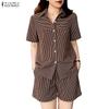  Women Short Sleeve Blouse and Shorts Stripe Print Casual Two Piece Suit Sets
