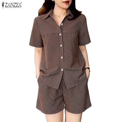  Women Short Sleeve Blouse and Shorts Stripe Print Casual Two Piece Suit Sets
