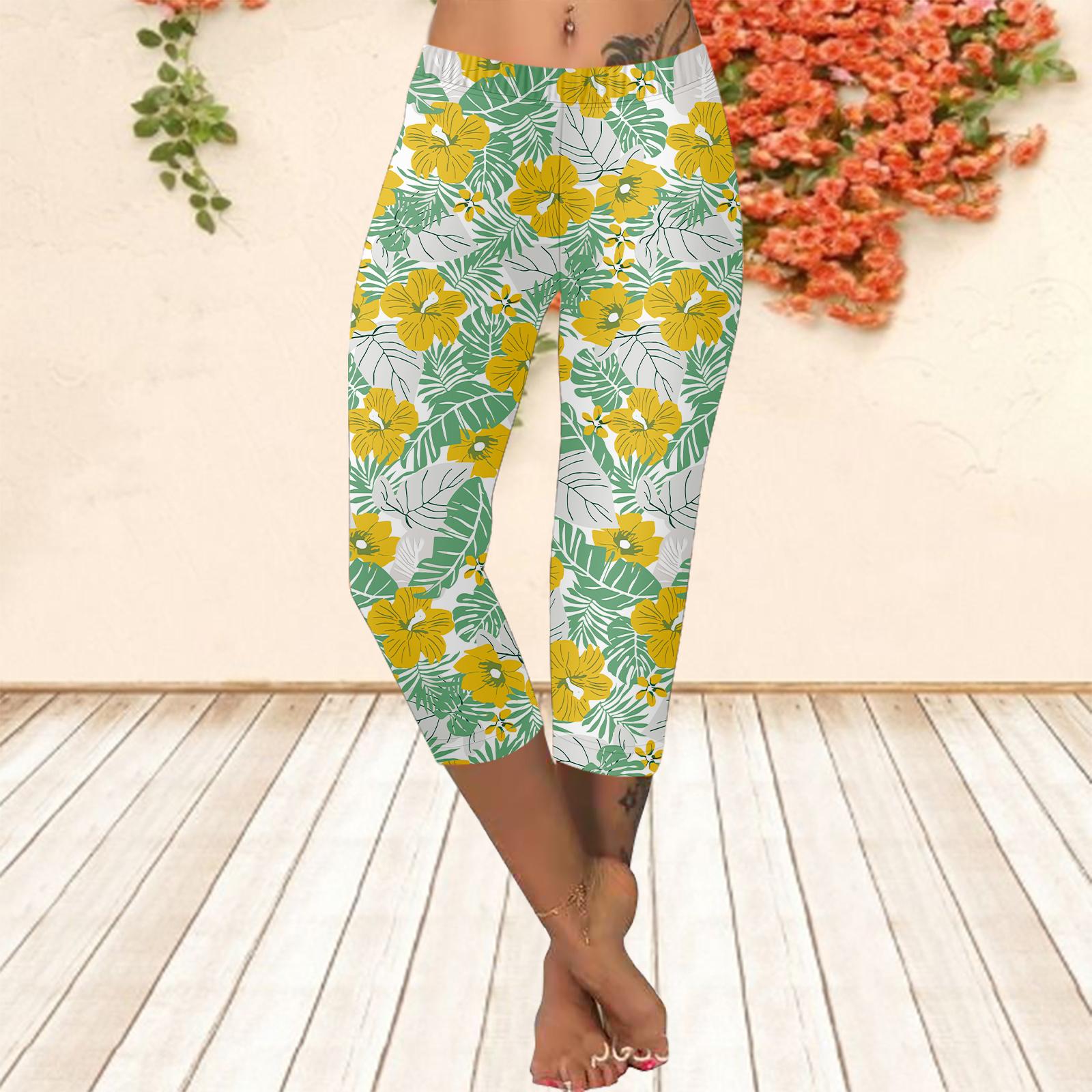 

Довгі штани, літні короткі легінси, короткі обтягуючі штани, легінси великого розміру. Жіночі приталені штани 3D із квітковим принтом XS жовтий