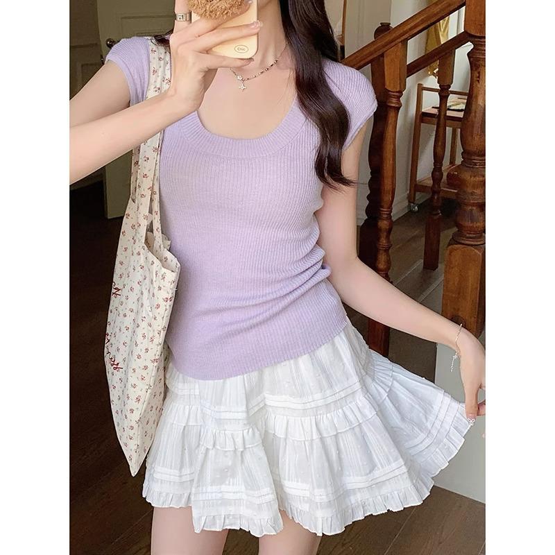 Pink Low U-neck Summer Right-shoulder Short-sleeved Knitted T-shirt for Women Slim-fitting Low-purity Sweet Hottie Short Small Flying Sleeve Top