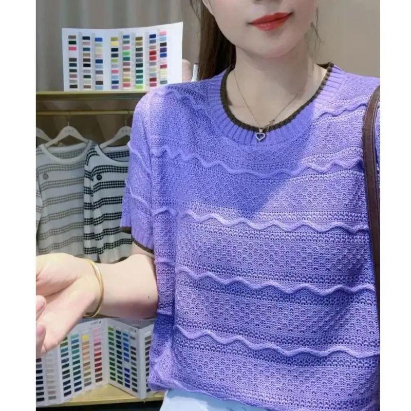 Summer Round Neck Knitted T-shirt Striped Hollow Ice Silk Knitted Short Sleeved T-shirt for Women
