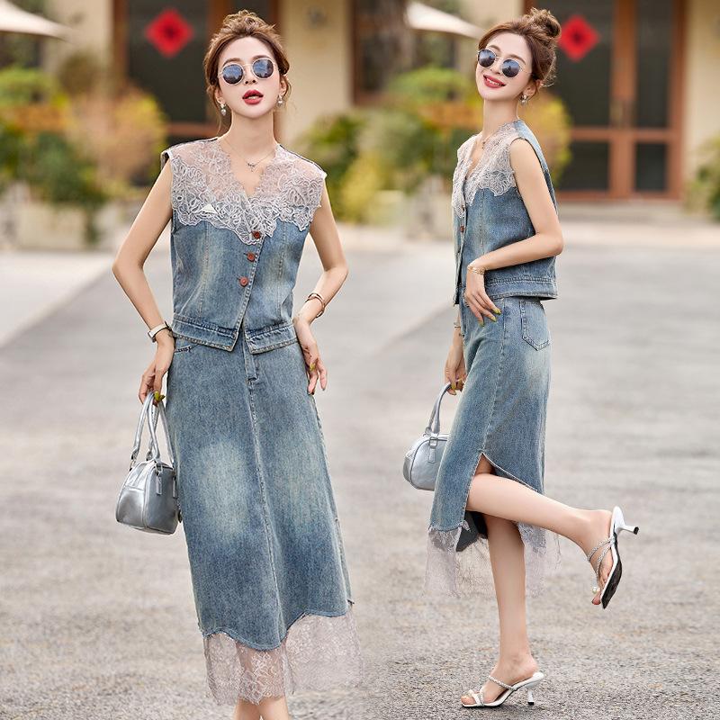 

Летний модный костюм, темпераментный, омолаживающий, кружевная отделка, джинсовый жилет, жилет, юбка, женская одежда из двух частей XXL