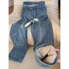 Women's High Waist Wide Leg Jeans Loose Urban Straight Leg Trousers Winter Fleece Lined Washed Plus Size Denim Pants