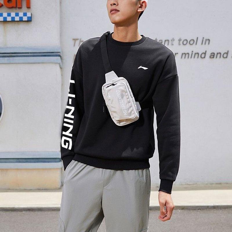 Li Ning Table Tennis Series Letter Print Pullover Sweatshirt And Cuffed Fleece Sports Pants Set Men Sweatshirt And Pants Set Black AWDSD23-1+AKLSC99-1