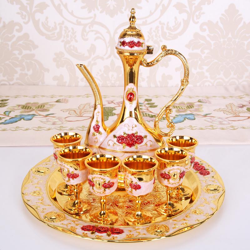 8Pcs/Set Retro Zinc Alloy Wine Cup Kettle Tray Kit Home Wedding Decor Container Kitchenwear Drinkwear