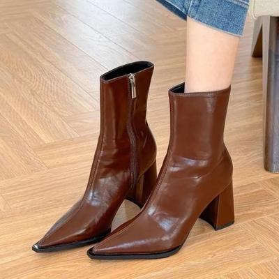 2024 Spring Autumn New Square Head Solid Color Versatile Side Zipper High Heels Women's Outwear Fashion Boots Single Boots Women