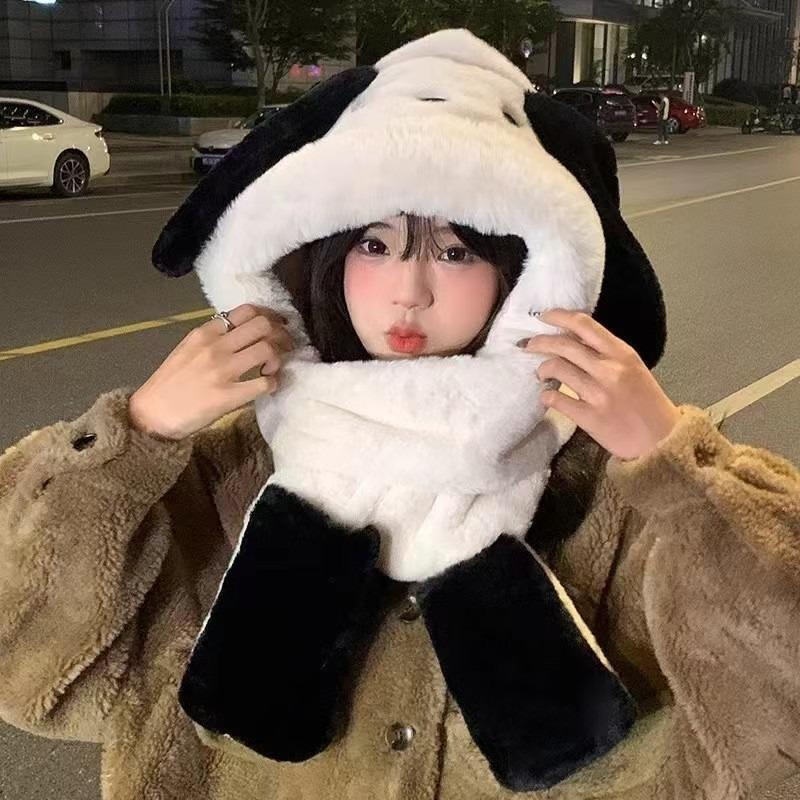 New cute plush hat scarf gloves integrated hat women's autumn and winter cartoon warm cycling thickened ear protector