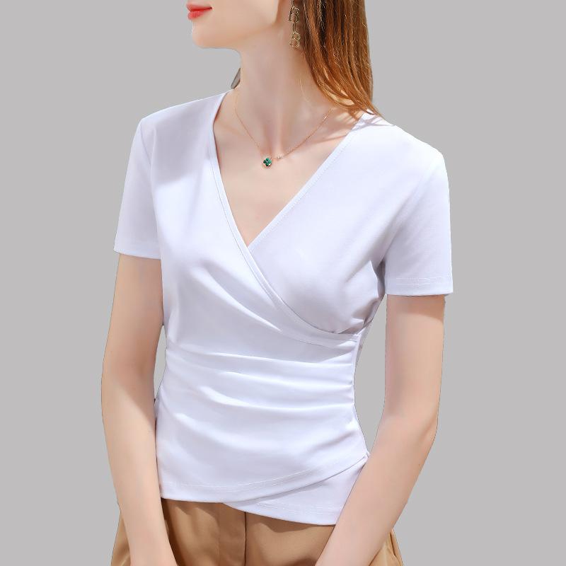 

Футболка с короткими рукавами из мерсерированного хлопка для женщин, чувствительная к льду. Новая женская однотонная футболка из чистого хлопка. Топ с перекрестным V-образным вырезом. 3XL