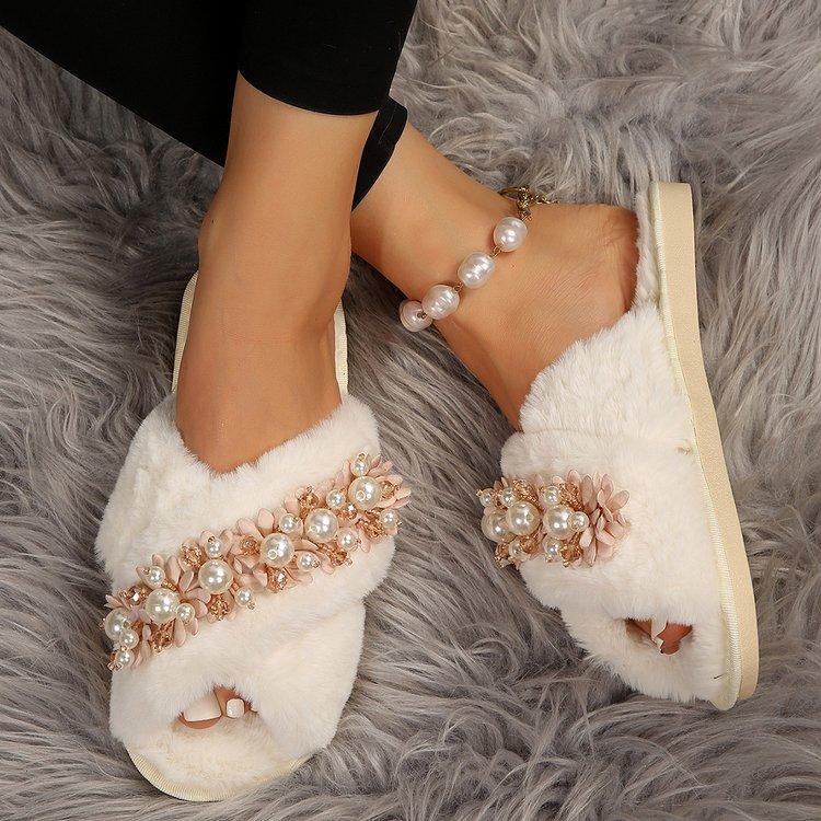Fashion Women's Flat Home Cotton Slippers Autumn Witer Keep Warm Fur Flowers Beaded Slipper for Women Casual Light Non-slip Slides Shoes