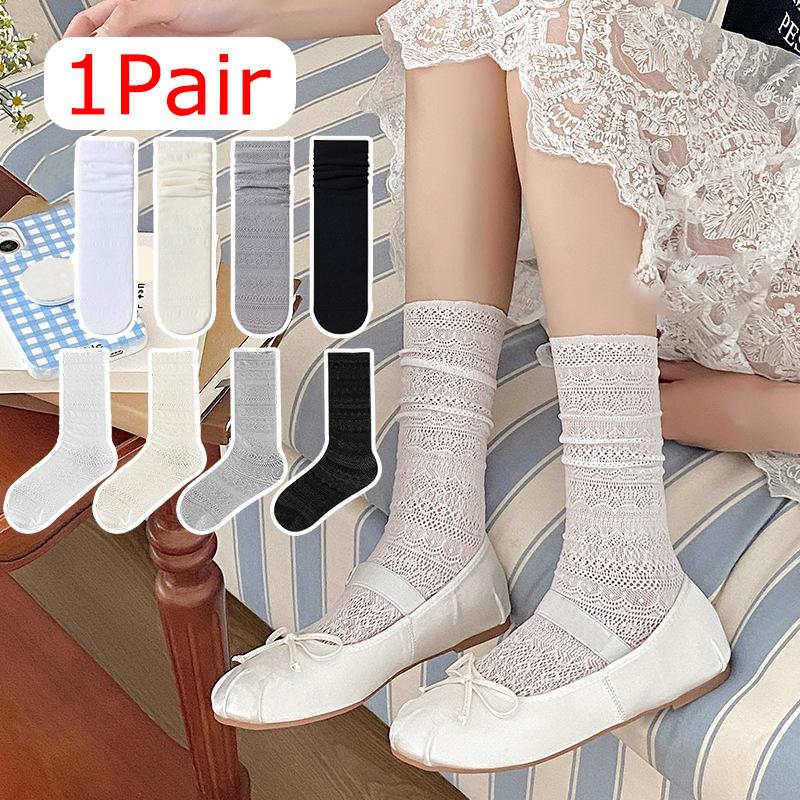 1 Pair Flower Lace Socks Fashion Mesh Retro Hollowed Out Lolita Crew Socks Sweet Pile Socks Daily Thin Vintage Women
