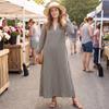 Women's Plaid V-Neck Long Sleeve Loose Fit Cotton Linen Dress for Casual Everyday Wear