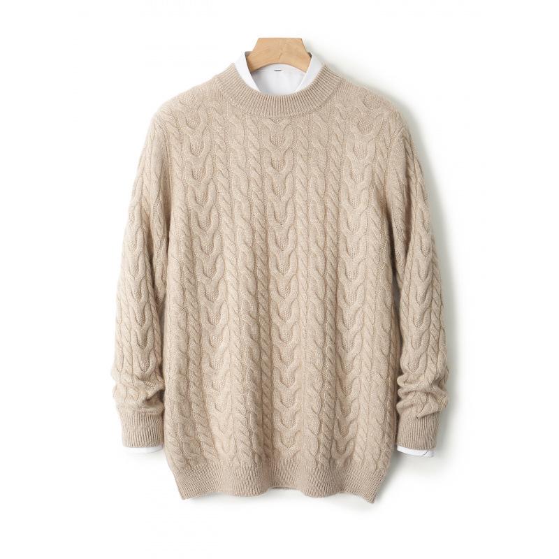 Men's Thickened Pure Wool Half-High Collar Cable Knit Sweater - Autumn Winter Loose Business Casual Base Layer