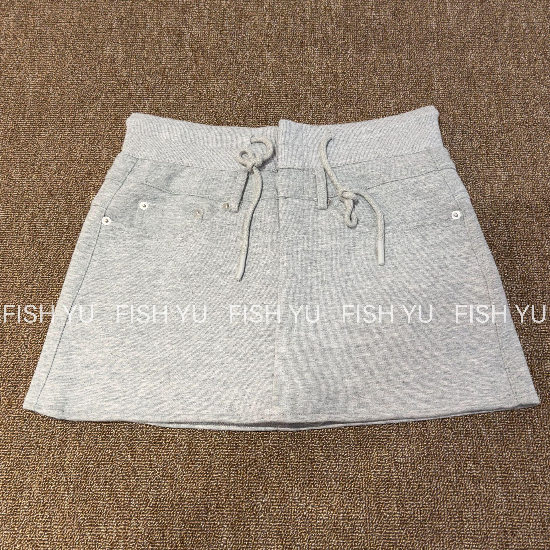 

FISHYU Elastic Waist Drawstring Zipper Midi Skirt - Early Autumn Korean Casual Style 625531 Small серый