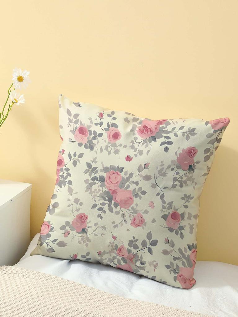 Vintage Pink Rose Floral Print Throw Pillow Cover, Cushion Case For Sofa Bedroom Living Room Couch Bed Office Chair Home Decor