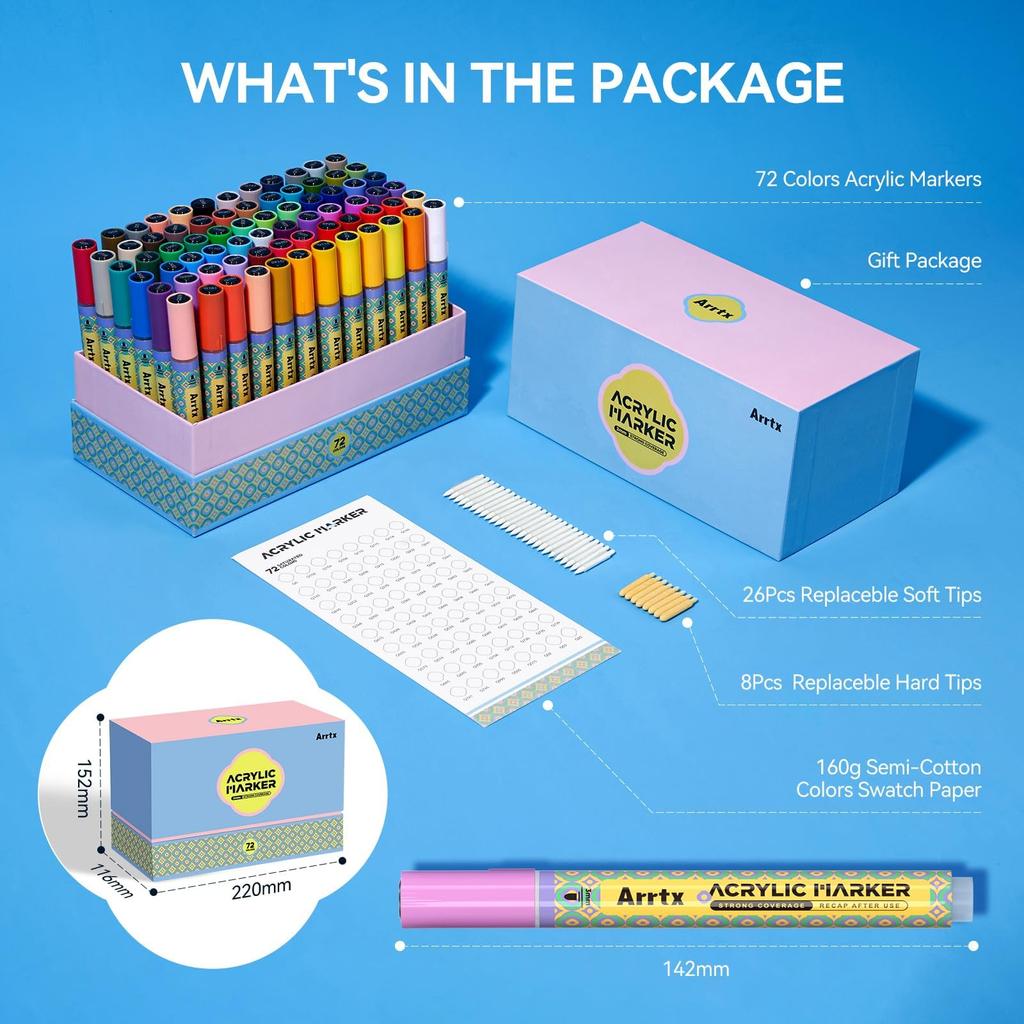 Arrtx Acrylic Paint Markers, 72 Colors, Medium Tip