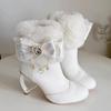 Womens Shoes Japanese Style Lolita Cosplay Dress Boots for Girls Cute Bow Pearl Hollow-out Heels Plush Winter Boots Woman