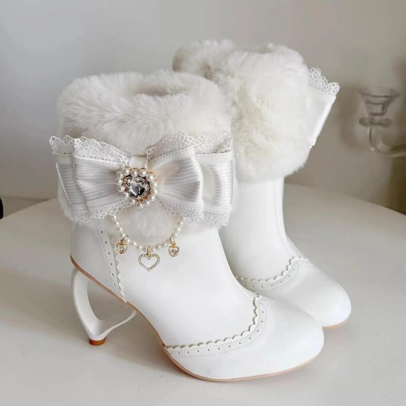 Womens Shoes Japanese Style Lolita Cosplay Dress Boots for Girls Cute Bow Pearl Hollow-out Heels Plush Winter Boots Woman