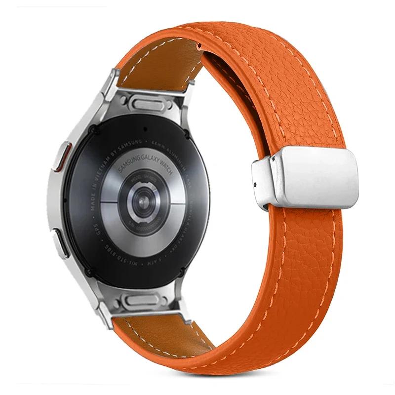 Kožený pásek bez mezer pro Samsung Galaxy Watch 7/6/5 40mm 44mm 6 Classic 47mm 43mm Řemínek Quick Fit Bílý magnetický pásek s D-přezkou