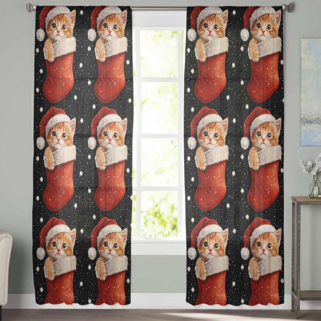 Christmas Winter Christmas Socks Curtains For Living Room Bedroom Home Decoration Window Voile Tulle Curtain Drapes