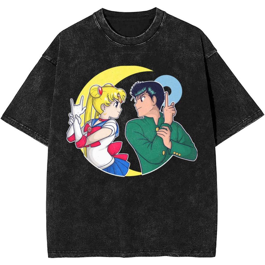 Sailor Moons Vintage Vasket T-skjorte Menn Kvinner 100% Bomull Casual T-skjorte O-hals Anime Tees Kortermet Klær Pluss Størrelse
