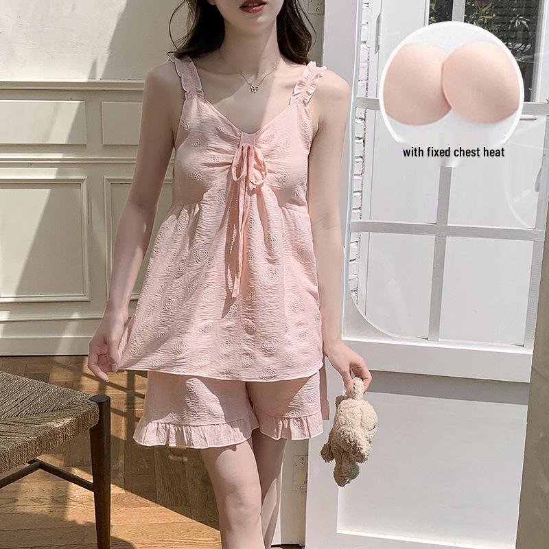 2026 Summer Women's Cloud Cotton Pajama Set with Built-in Bra, Princess Style Camisole, Sweet Home Wear