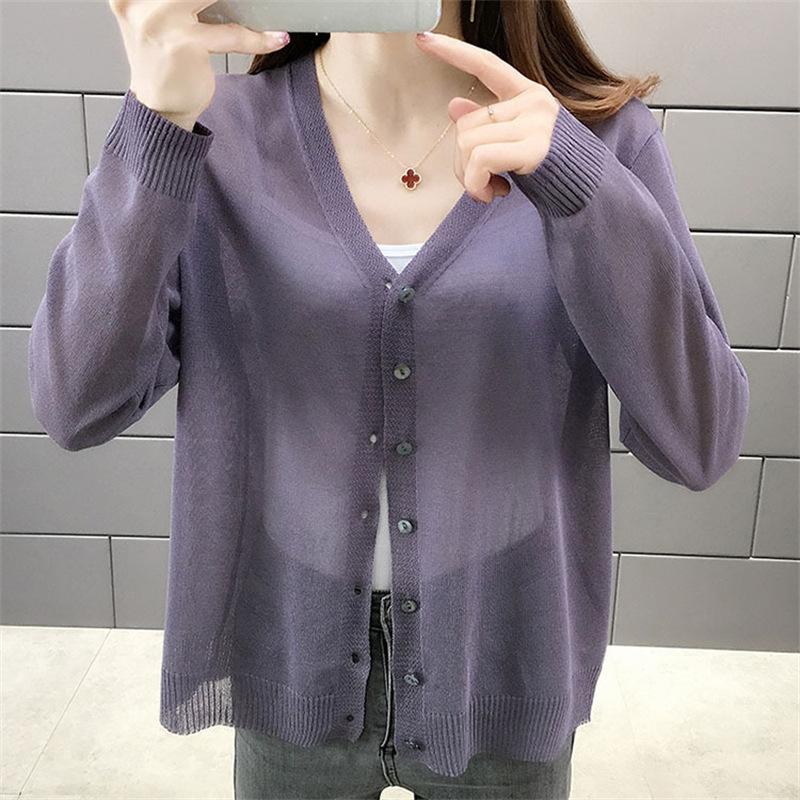 Spring and summer outer long-sleeved thin loose sunscreen top fashionable foreign style solid color simple V-neck ice silk knitted sweater women