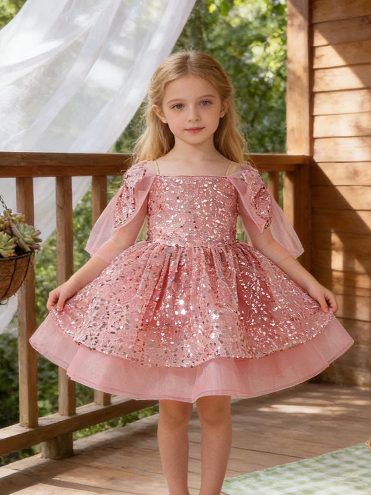 Girls' 2026 Formal Mesh Princess Dress with Big Bow and Puffy Skirt, Ideal for Runway and Performances.
