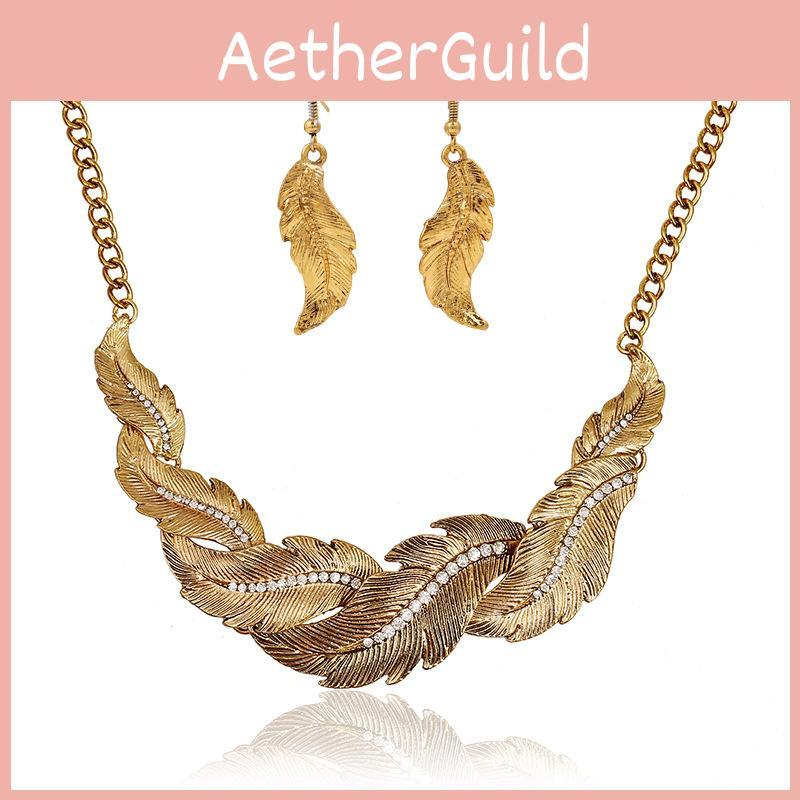 Fashion Rhinestone Decoration Feather Design Women Gold Necklace And Set Earring