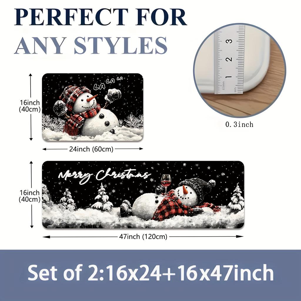 2 Stück Anti-Ermüdungs-Küchenteppiche Frohe Weihnachten Schneemann Wasserdicht Rutschfest Dick Gepolsterte Küchenmatte Hochbelastbare Komfort-Stehmatte für Küche
