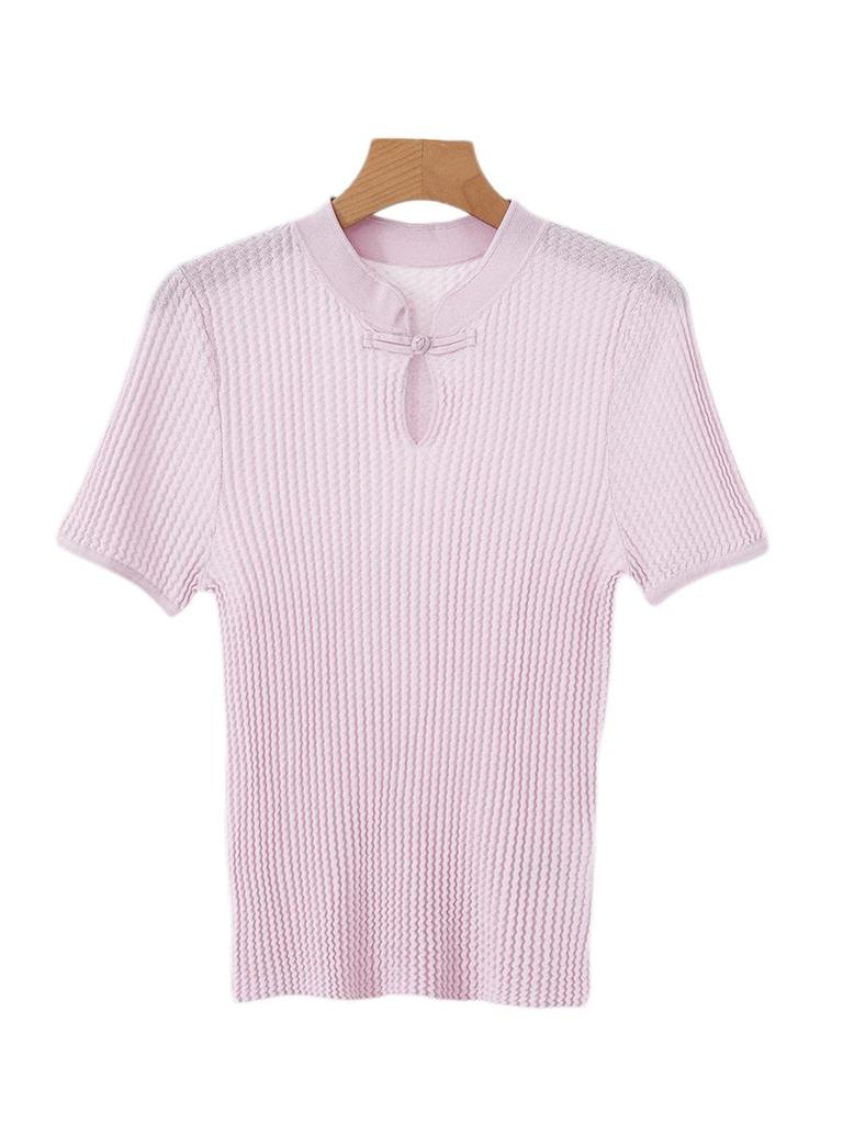 New Chinese Style Silk Blend Frog Button Waist-Hugging Knit Top - Women's Summer Short-Sleeve
