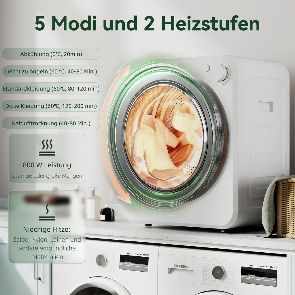 Mini-Kondenstrockner 4 kg mit 5 Programmen bis 60 °C, 800 W/400 W, mit Edelstahl-Trommel, Weiß