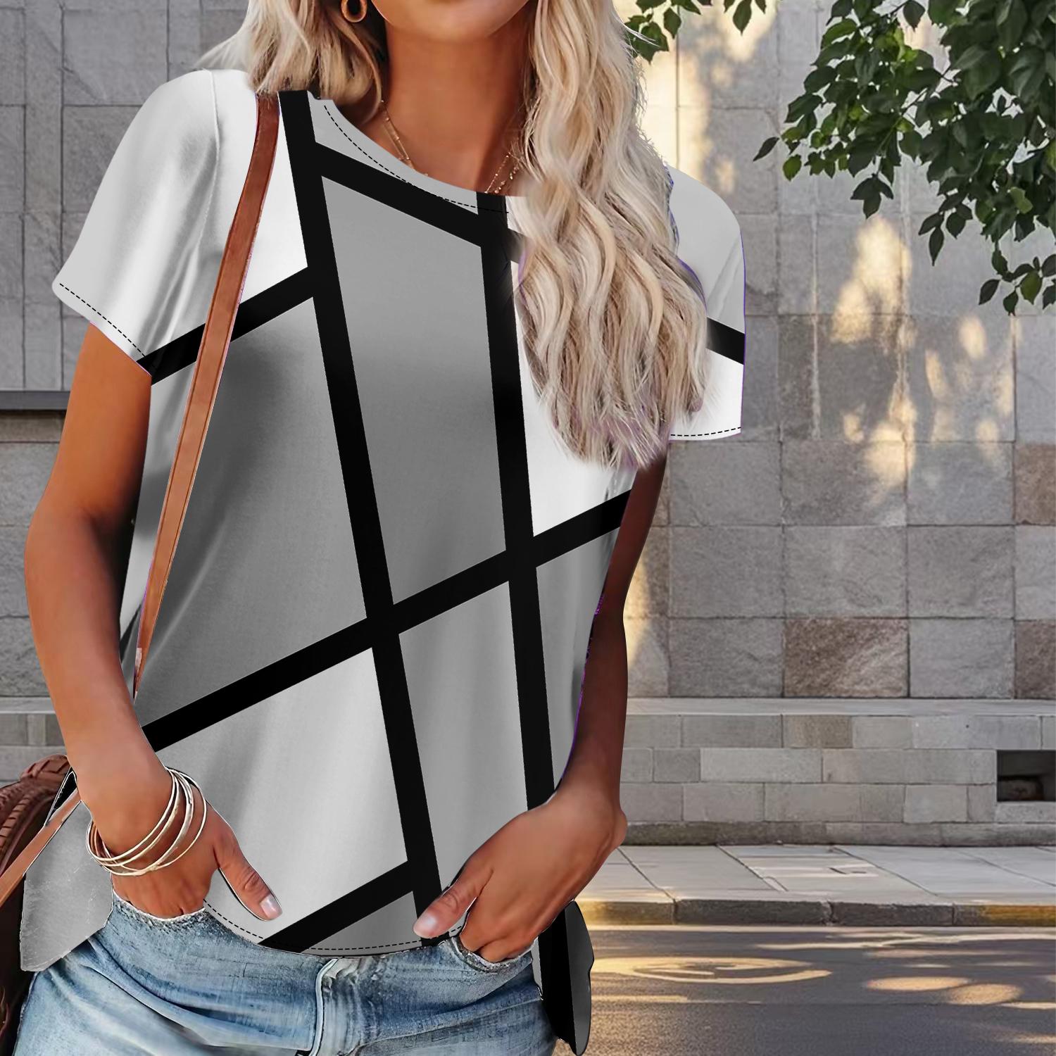 

Женская летняя футболка с геометрическим рисунком, ретро-мода, футболки с коротким рукавом, повседневные топы с принтом 8XL серый