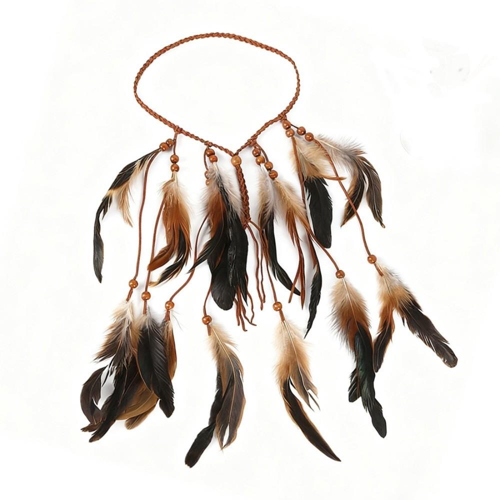 

Wood Beads Ethnic Headdress Feather Tassel Bohemian Headband Indian Tribal Headband Gypsy Festival