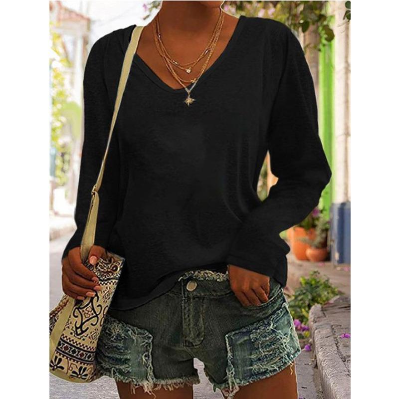 JPNTKY Women's Fashion Casual Solid Color Print V-Neck Long Sleeve Blouses & Shirts