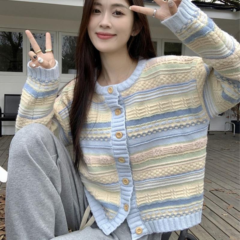 Damska luźna odzież wierzchnia w paski w stylu koreańskim Wszechstronny lekki sweter dzianinowy Kardigan Kurtka